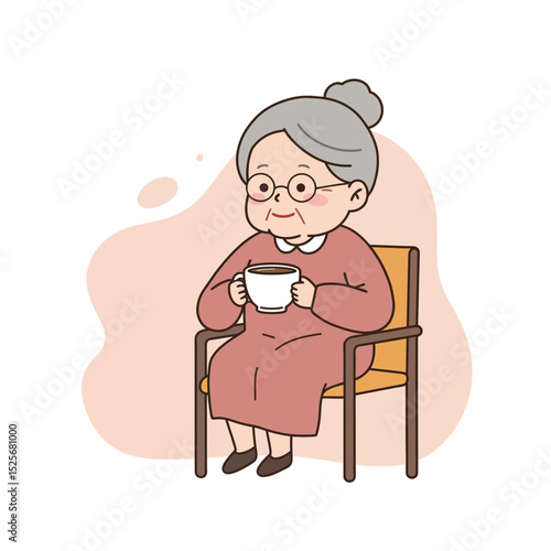 Elderly woman sitting and enjoying tea in relaxed retirement morning. Relaxed retirement morning.