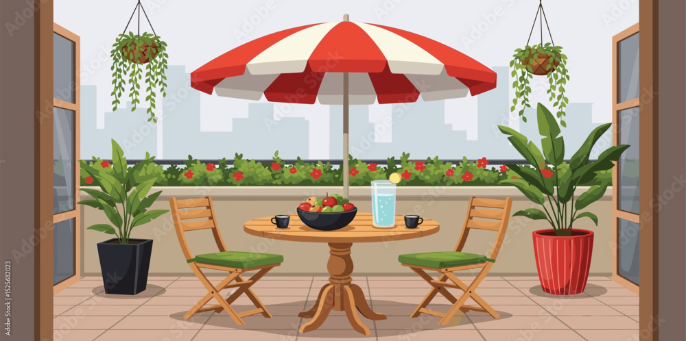Fototapeta premium Cozy summer balcony with parasol, small table, chair and pots of flowers. Summer time Idyllic seating in the terrace with drink. Home garden and cute exterior design. Vector flat illustration