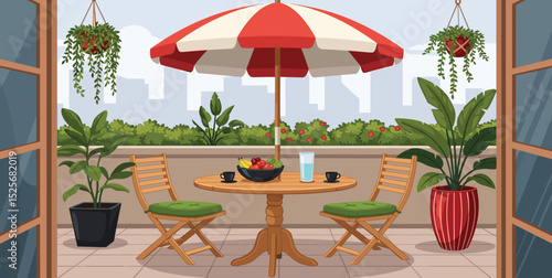 Cozy summer balcony with parasol, small table, chair and pots of flowers. Summer time Idyllic seating in the terrace with drink. Home garden and cute exterior design. Vector flat illustration