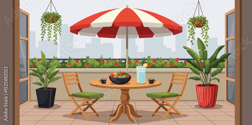 Cozy summer balcony with parasol, small table, chair and pots of flowers. Summer time Idyllic seating in the terrace with drink. Home garden and cute exterior design. Vector flat illustration