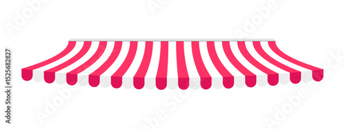 Shop awning for shadow. Striped store canopy. Market tent with red and white stripes isolated on white background. Cafe sunshade. Storefront interior element. Kiosk umbrella. Vector illustration.