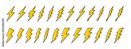 Set of lightning bolt icons. Collection of thunderstorm signs isolated on white background. Energy, power, flash light, dander or battery charge symbols. Vector graphic illustration.