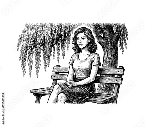 Woman Sitting on Bench Under Tree with Relaxed Mood Black and White Illustration