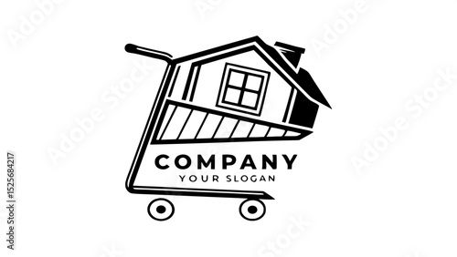 "A minimalist logo design showing a black shopping cart tilted slightly forward, carrying a small house with a visible window on top. Clean black lines on a white background, centered composition, mod