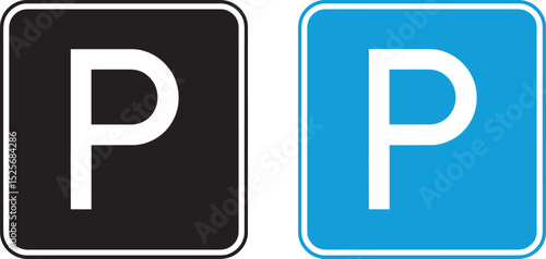 Parking Sign Icon – Black and Blue Square P Symbols for Parking Area and Road Signage
