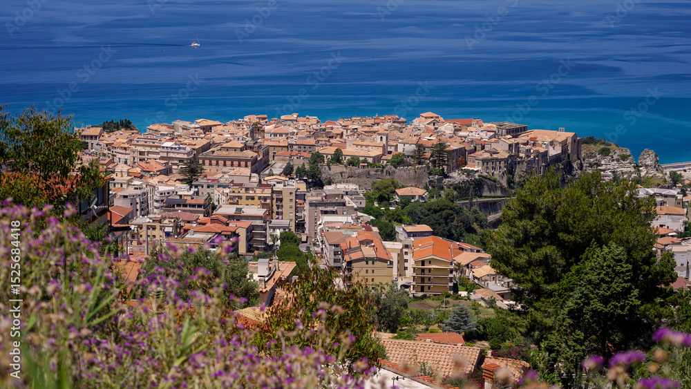 Fototapeta premium Panoramic view of Tropea, a charming town perched on a cliff overlooking the Tyrrhenian Sea in Calabria, Southern Italy, during a sunny summer day