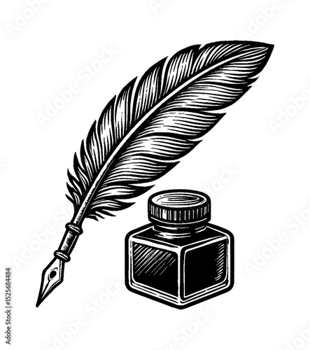 Feather Quill Pen and Inkwell Illustration in Black and White Detailed Line Art