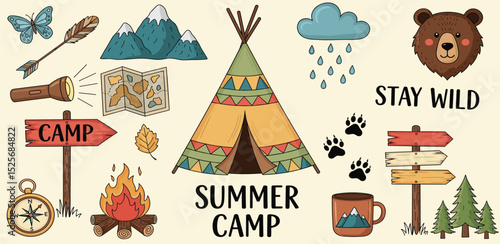 Seamless summer camp pattern, travel and overnight in the forest. Outdoor Camping Adventure Elements. Lovely print for kids, travel tours, wallpaper, fabric, travel items on beige tan background