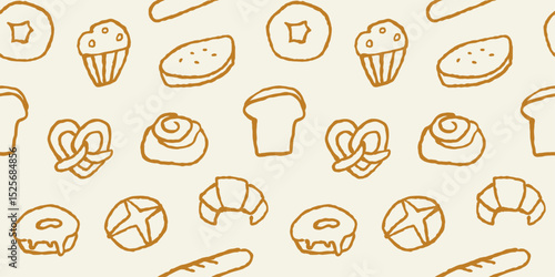 Seamless bakery pattern with hand drawn pastries and bread illustrations