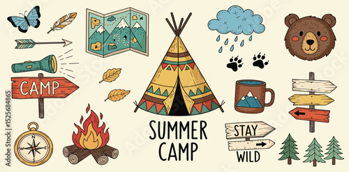 Seamless summer camp pattern, travel and overnight in the forest. Outdoor Camping Adventure Elements. Lovely print for kids, travel tours, wallpaper, fabric, travel items on beige tan background
