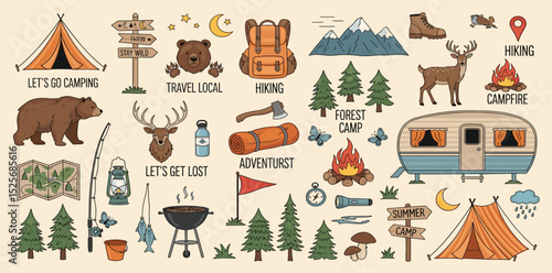 Camping and hiking colored elements. Outdoor adventure emblems. Tourist tent, forest, camp, trees and wild animals. For Camp badges, labels, banners, brochures. Doodle vector illustration