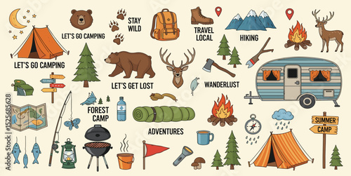 Camping and hiking colored elements. Outdoor adventure emblems. Tourist tent, forest, camp, trees and wild animals. For Camp badges, labels, banners, brochures. Doodle vector illustration