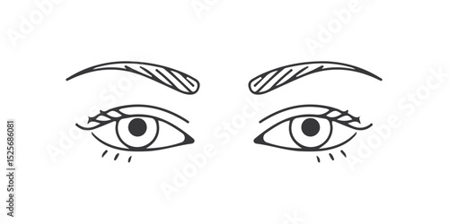 Simple black and white illustration of two human eyes with eyebrows.