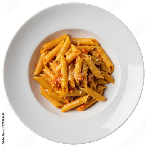penne al baffo pasta in a white dish on transparent background, traditional itaslian recipe of food