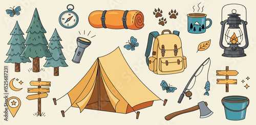 Seamless summer camp pattern, travel and overnight in the forest. Outdoor Camping Adventure Elements. Lovely print for kids, travel tours, wallpaper, fabric, travel items on beige tan background 
