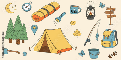 Seamless summer camp pattern, travel and overnight in the forest. Outdoor Camping Adventure Elements. Lovely print for kids, travel tours, wallpaper, fabric, travel items on beige tan background 