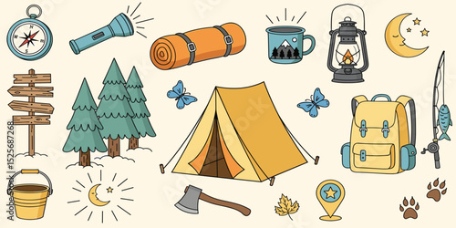 Seamless summer camp pattern, travel and overnight in the forest. Outdoor Camping Adventure Elements. Lovely print for kids, travel tours, wallpaper, fabric, travel items on beige tan background 