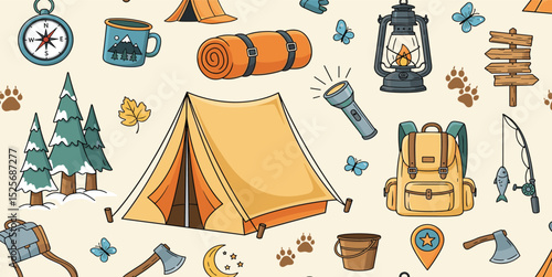 Seamless summer camp pattern, travel and overnight in the forest. Outdoor Camping Adventure Elements. Lovely print for kids, travel tours, wallpaper, fabric, travel items on beige tan background 