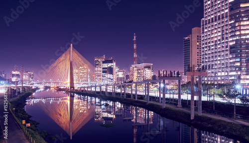 An urban cityscape with the cable-stayed bridge in Sao Paulo city.