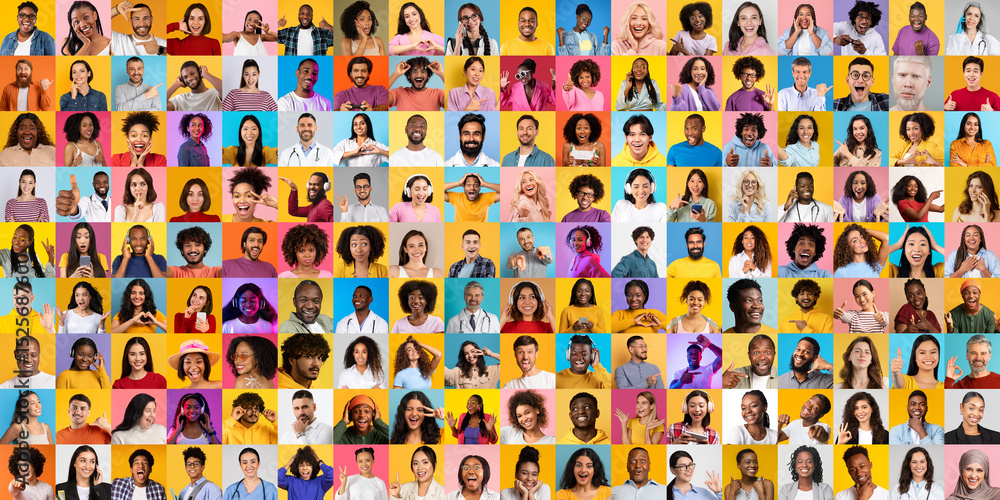 © Prostock-studio - A vibrant collection of portraits featuring a diverse group of individuals expressing a range of emotions. The multiethnic faces are set against colorful backgrounds, highlighting global unity.