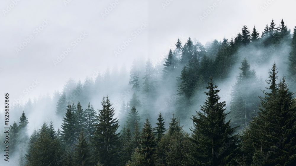 Misty forest landscape with evergreen trees under cloudy sky Misty forest landscape with evergreen trees under cloudy sky