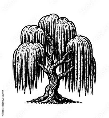 Black and White Illustration of Weeping Willow Tree with Detailed Branches