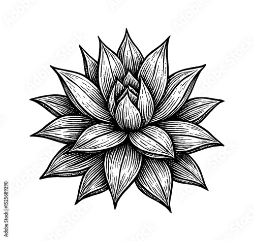 Detailed Engraving of Succulent Plant with Striking Black and White Lines