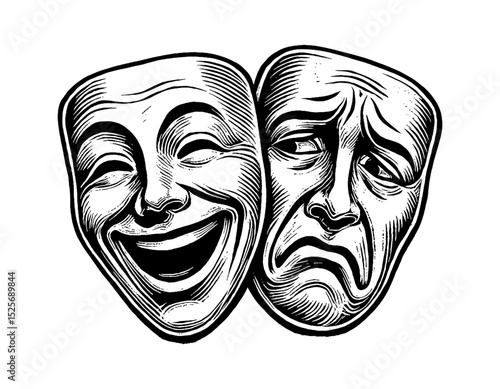 Comedy and Tragedy Masks in Detailed Black and White Engraving Style Illustration