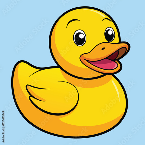Cheerful cartoon rubber duck with a happy open beak and bright yellow color on blue background