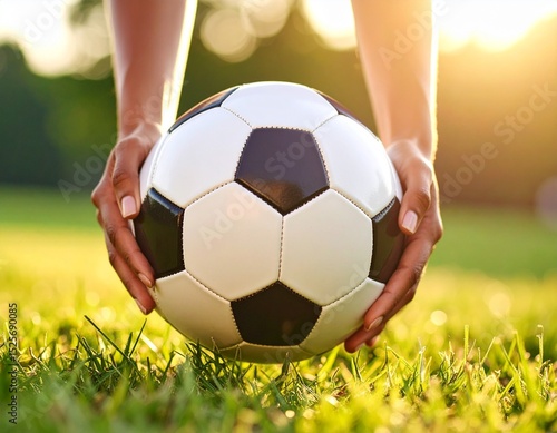 Soccer Ball on Grass with Female Hands – Women in Sports Concept