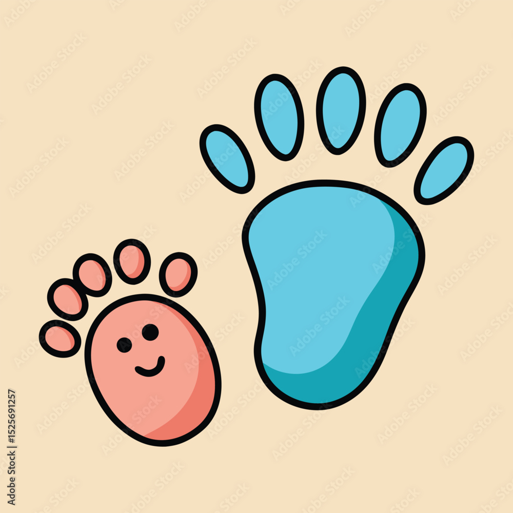 Fototapeta premium Cute baby footprints in pink and blue vector illustration on a warm beige background