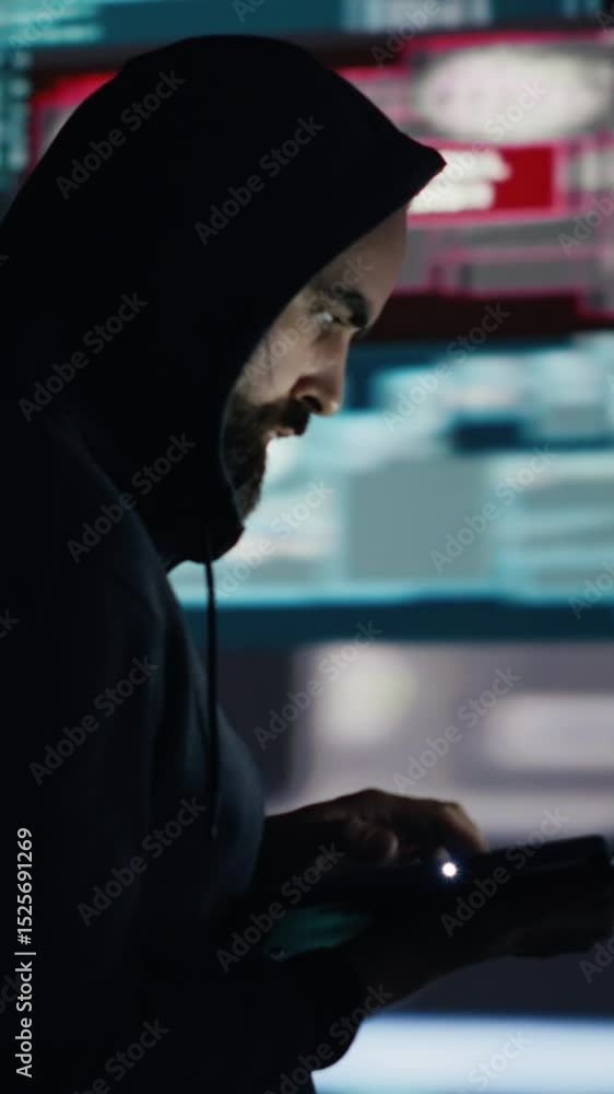 Vertical Video Professional spy compromising cyber security through malware and viruses, digital threat of hacking with unauthorized intrusion into secure networks. Leading to quantum threat and risk Vertical Video Professional spy compromising cyber security through malware and viruses, digital threat of hacking with unauthorized intrusion into secure networks. Leading to quantum threat and risk