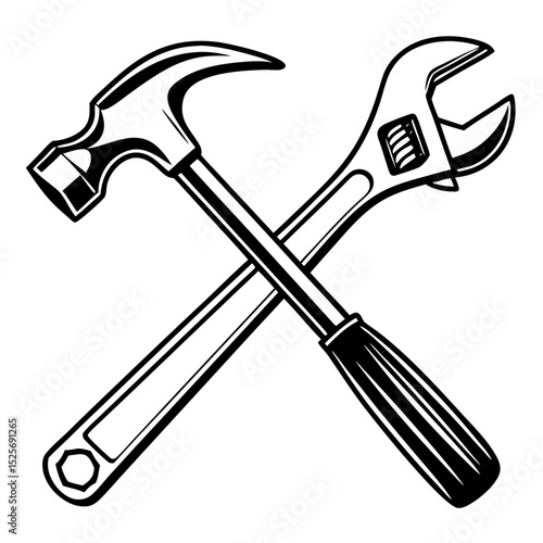 Flat vector icon of hammer and wrench, transparent background