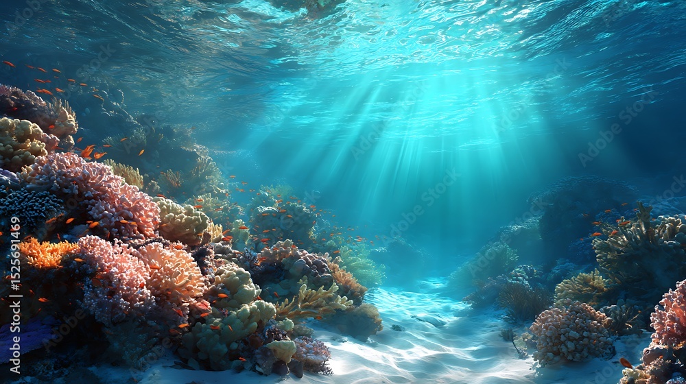 Fototapeta premium Beautiful blue ocean background with sunlight and undersea scene