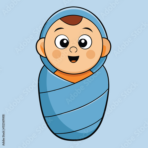 Cute cartoon baby swaddled in blue blanket smiling on a light blue background