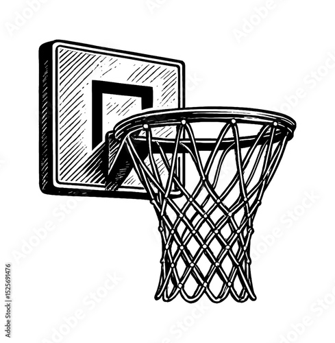 Illustration of a basketball hoop with net and backboard in black and white