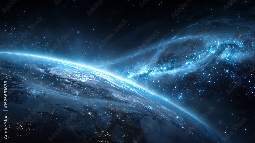 Naklejka premium Blue space background with earth and galaxy, abstract wallpaper with planetary glow, science and education in outer space