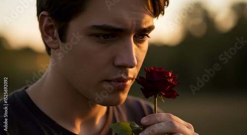 Golden Hour Romance: A Young Man and a Single Rose