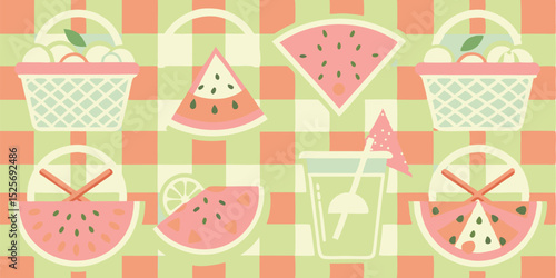 Sweet Summer Pattern Seamless Picnic Design with Watermelon and Lemonade