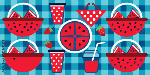 Summer Pattern Seamless Picnic Design with Watermelon and Strawberry