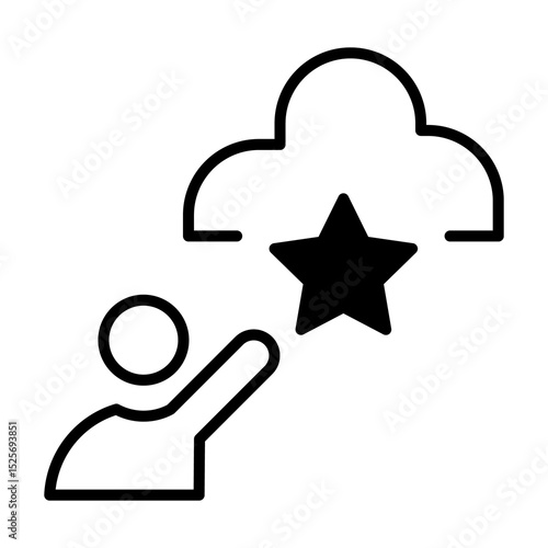 Icono de reconocimiento digital. Logro, éxito en línea y recompensa en entornos digitales. Persona alcanzando una estrella dentro de una nube. Ilustración vectorial
