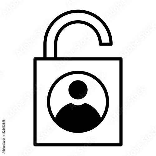 Icono de acceso a contenido. Autenticación, desbloqueo de información y entrada permitida. Candado abierto con usuario dentro. Ilustración vectorial