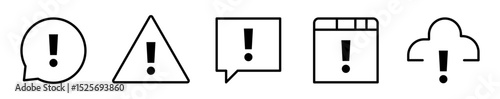 Conjunto de iconos con signos de alerta. Advertencia, notificación importante, precaución y mensaje. Globo de mensaje, triángulo de alerta, ventana de navegador y nube. Ilustración vectorial