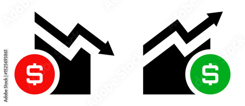 Conjunto de iconos de gráfica de crecimiento y caída financiera. Pérdidas y ganancias. Análisis financiero, comportamiento del mercado. Ilustración vectorial