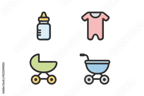 Icons depicting baby essentials including a bottle, clothes, and two strollers.