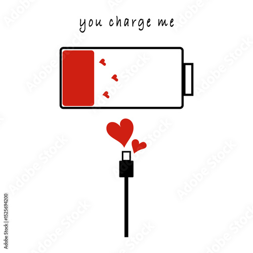 Battery love icon. Charging heart symbol. Vector power emblem. Red white design.