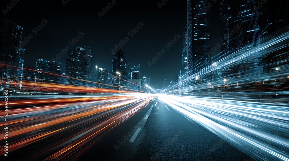 Obraz premium Smart digital city with high speed light trail of cars of digital data transfer