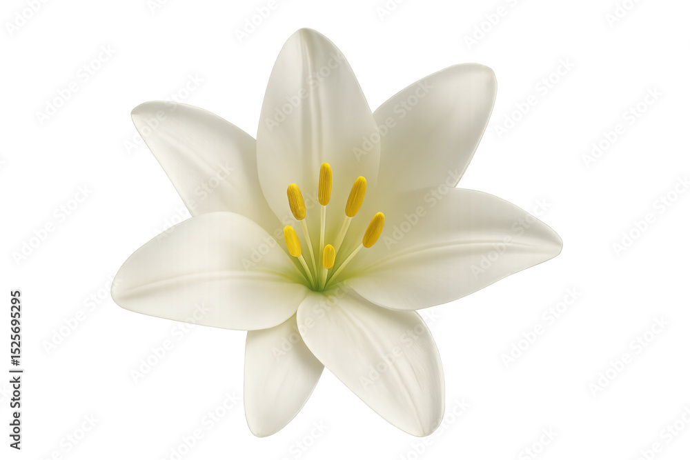 Close-up of a blooming white madonna lily with yellow anthers and a transparent background, perfect for design projects Close-up of a blooming white madonna lily with yellow anthers and a transparent background, perfect for design projects