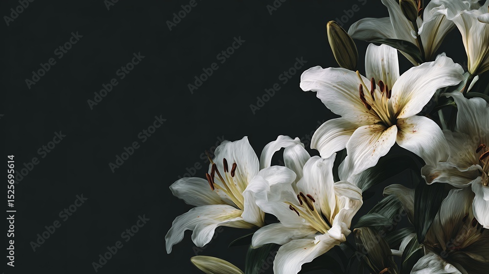 A banner with a dark background and white lily flowers, mourning is depicted through the imagery, remembering and mourning are emphasized, the photo has a close-up, side view with selective focus A banner with a dark background and white lily flowers, mourning is depicted through the imagery, remembering and mourning are emphasized, the photo has a close-up, side view with selective focus