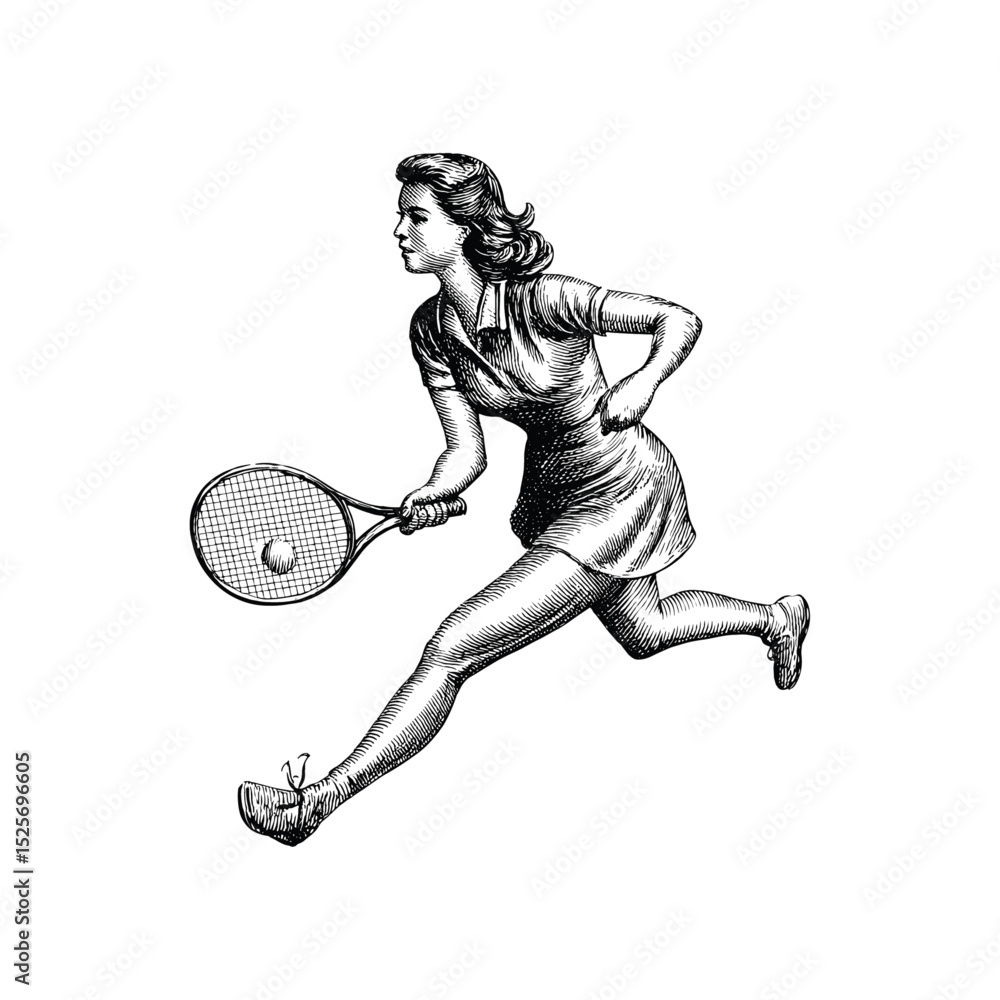 Fototapeta premium Vintage Female tennis player illustration, drawn in an engraved, woodcut style with fine details sketch engraving vector illustration. Scratch board imitation. Black and white image. 